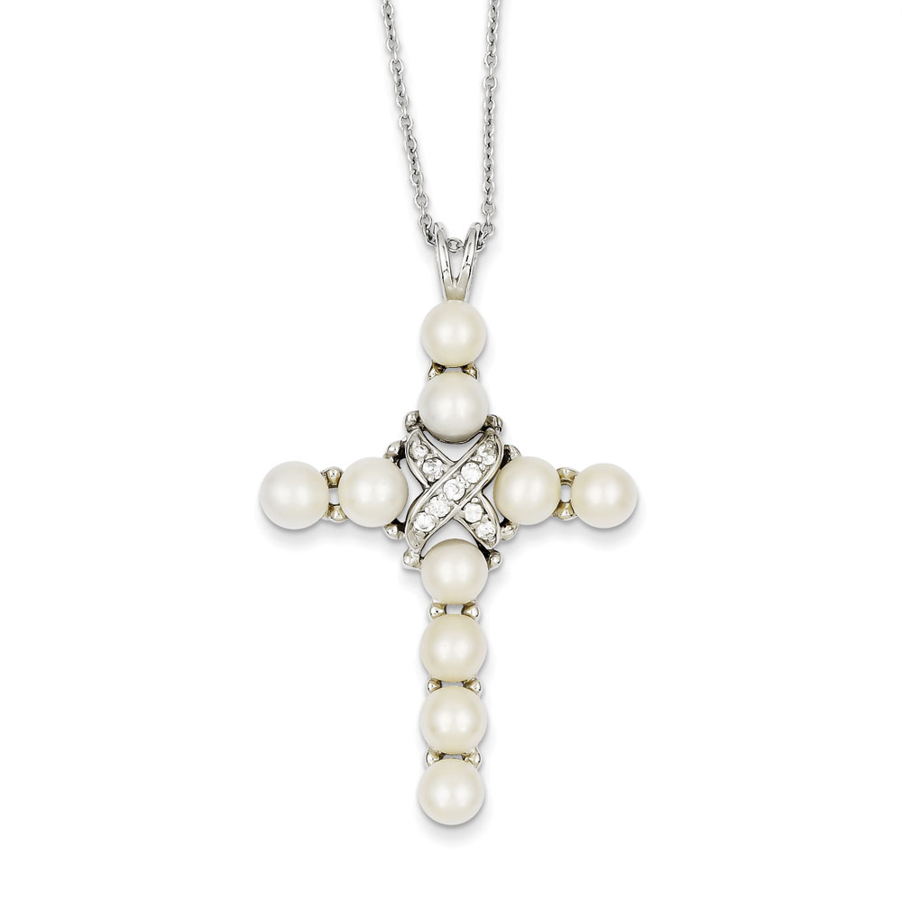 Jewelryweb Sterling Silver CZ Freshwater Pearl Cross Necklace - 16 Inch - Spring Ring at Sears.com