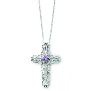 Jewelryweb Sterling Silver February CZ Cross Necklace - 18 Inch Jewelryweb Sterling Silver February CZ Cross Necklace - 18 Inch