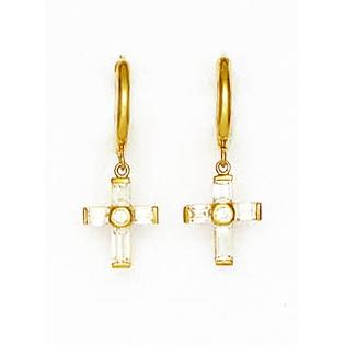Jewelryweb 14k Yellow Baguette and Round CZ Drop Cross Hinged Earrings Jewelryweb 14k Yellow Baguette and Round CZ Drop Cross Hinged Earrings