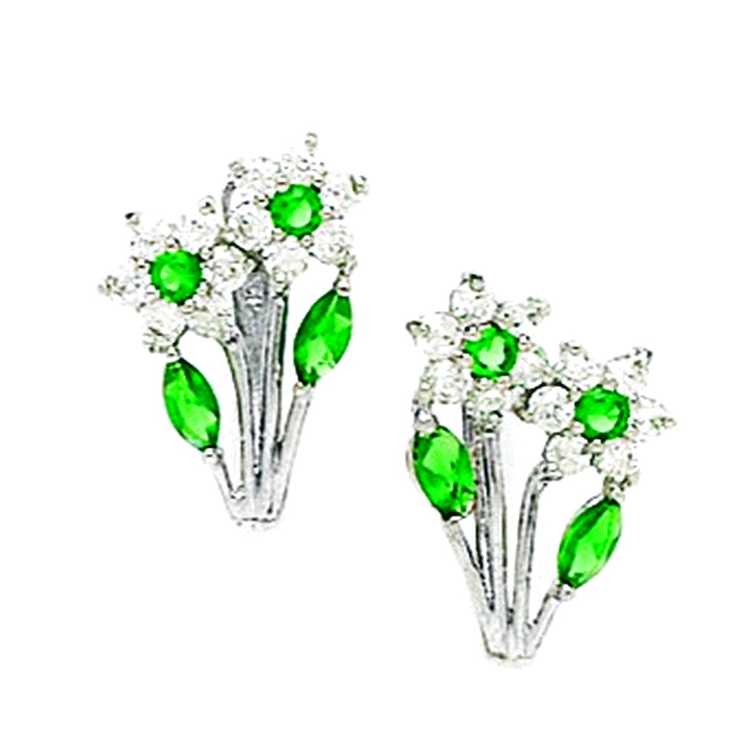 Jewelryweb 14k White Gold May Birthstone Emerald CZ Two Flowers and Leaf Leverback Earrings - Measures 16x10mm at Sears.com