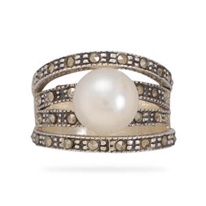 Jewelryweb Sterling Silver 4 Marcasite Bands With a Cultured Freshwater Pearl Ring - Size 10 at Sears.com