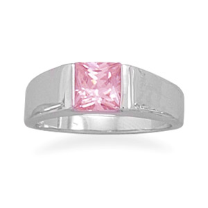 Jewelryweb Rhodium Plated 6mm Square Pink CZ Ring 2.2mm Wide Polished Band With 6mm Square Pink Cz - Size 10 at Sears.com