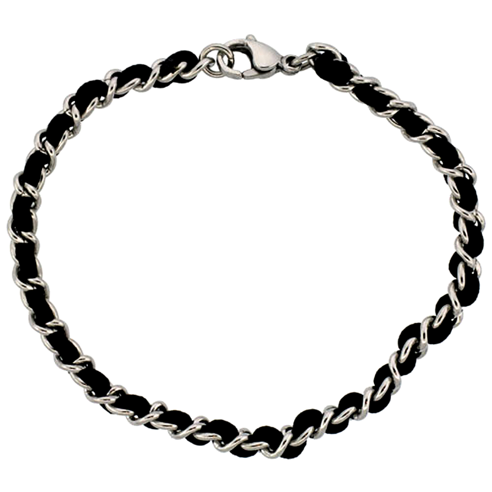 Sabrina Silver Stainless Steel Link Bracelet intertwined w/ Black Satin Cord, 7 1/4 in. long 3/16 in. (4mm) wide at Sears.com