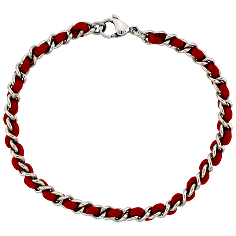 Sabrina Silver Stainless Steel Link Bracelet intertwined w/ Red Satin Cord, 7 1/4 in. long 3/16 in. (4mm) wide at Sears.com