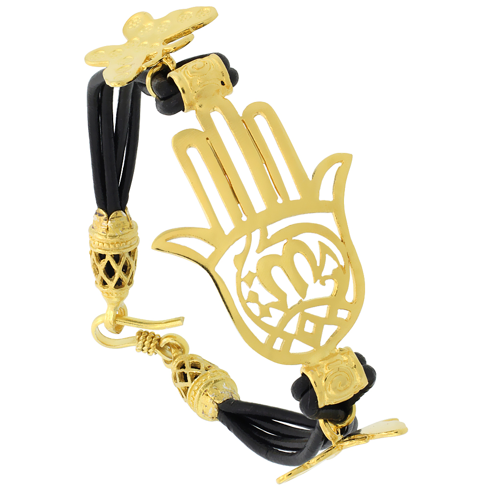 Sabrina Silver Sterling Silver Islamic HAND OF FATIMA Gold Plated Black Braided Leather Bracelet, 1 1/4 inch wide, 7.5 inches long at Sears.com