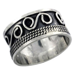 Sabrina Silver Sterling Silver S-Scroll Wedding Band Ring w/ Rope Design, 1/2 inch wide, Sabrina Silver Sterling Silver S-Scroll Wedding Band Ring w/ Rope Design, 1/2 inch wide,