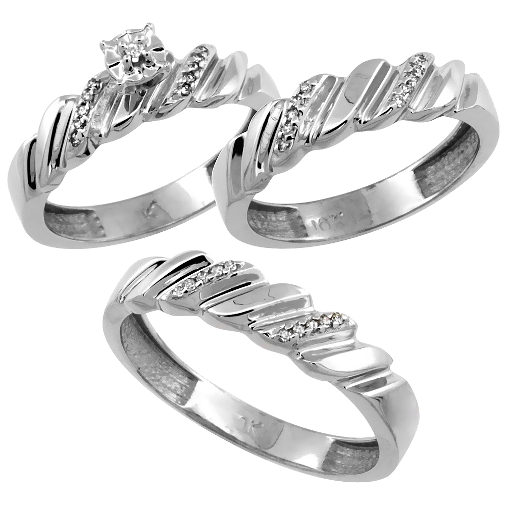 Sabrina Silver 10k White Gold 3-Pc. Trio His (5mm) & Hers (5mm) Diamond Wedding Ring Band Set, w/ 0.20 Carat Brilliant Cut Diamonds (Men"s Size at Sears.com