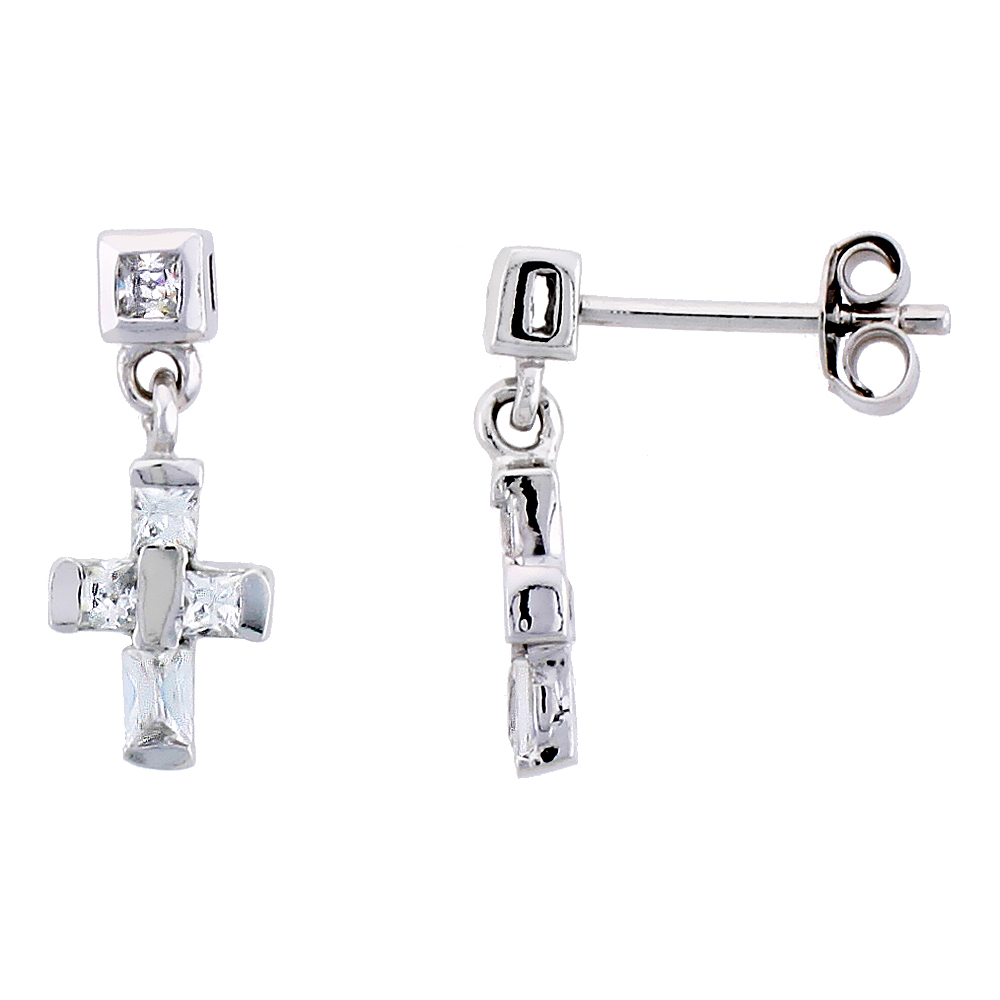 Sabrina Silver Sterling Silver Tiny Cross Dangle Earrings w/ Baguette & Brilliant Cut CZ Stones, 5/8" (16 mm) tall at Sears.com