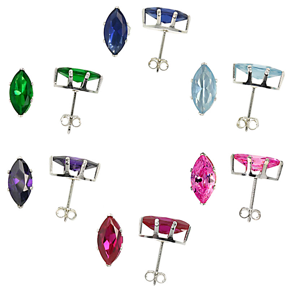 Sabrina Silver 6-pair set Sterling Silver CZ Stud Earrings 1 cttw Marquise Shape Emerald, Blue Sapphire, Blue Topaz, Amethyst, Ruby & Pink Zirc at Sears.com