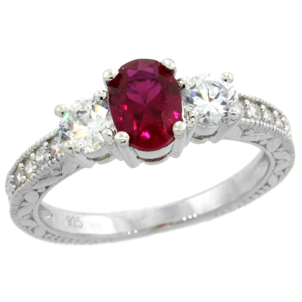 Sabrina Silver Sterling Silver 3-Stone Vintage Style Engagement Ring w/ Oval Cut (7x5 mm) Ruby Red Color & Brilliant Cut CZ Stones, 1/4 in. (7 at Sears.com