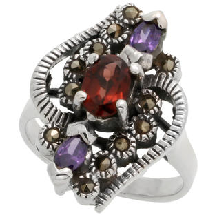 Sabrina Silver Sterling Silver Marcasite Freeform Ring, w/ Natural Garnet & Pear-shape Amethyst CZ, 15/16 Sabrina Silver Sterling Silver Marcasite Freeform Ring, w/ Natural Garnet & Pear-shape Amethyst CZ, 15/16