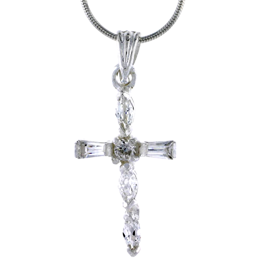 Sabrina Silver High Polished Sterling Silver 1" (25 mm) tall Cross Pendant, w/ Baguette, Brilliant Cut & Marquise Cut CZ Stones, w/ 18" Thin Bo at Sears.com