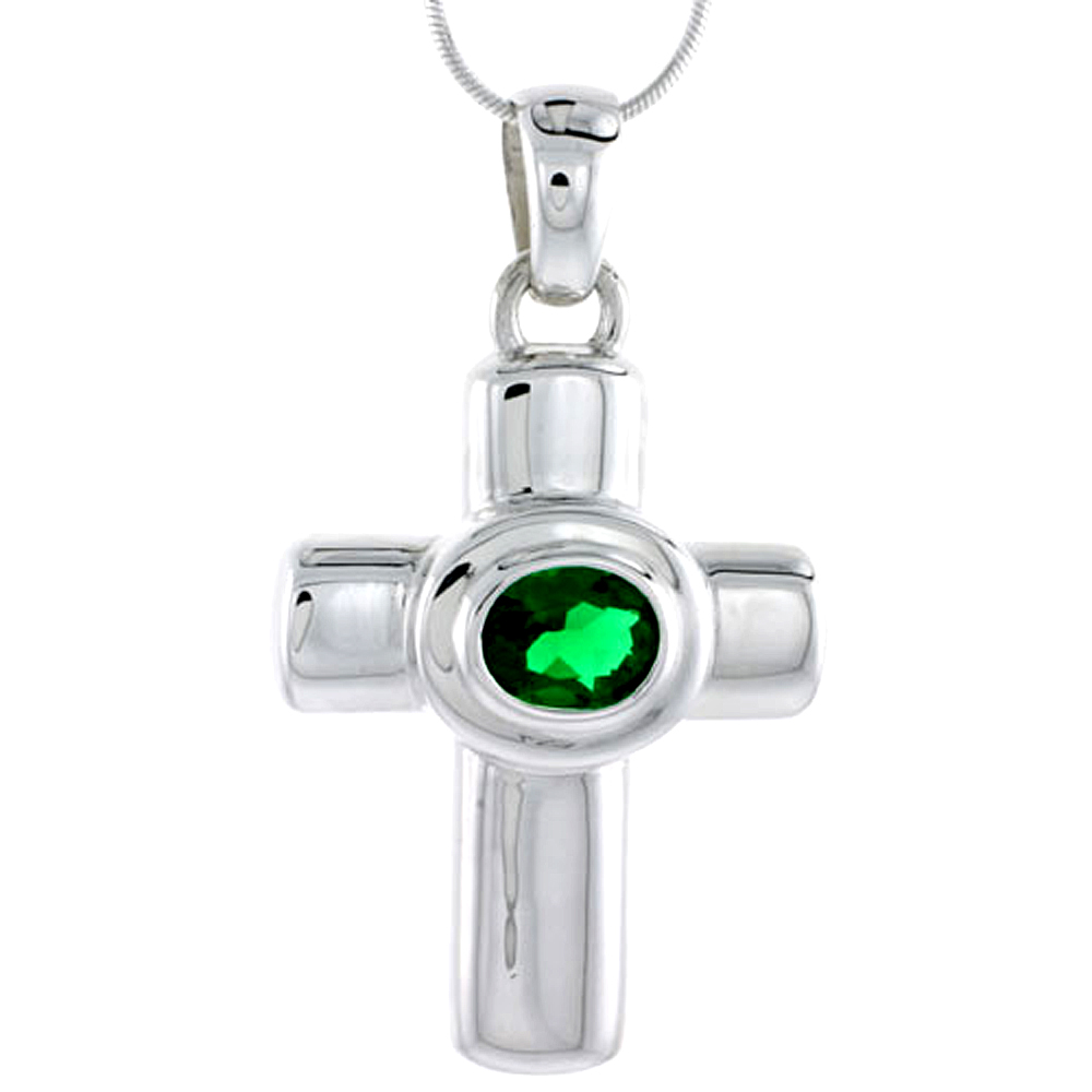 Sabrina Silver High Polished Sterling Silver 1 3/4" (45 mm) tall Latin Cross Pendant, w/ 10x8mm Oval Cut Emerald-colored CZ Stone, w/ 18" Thin at Sears.com