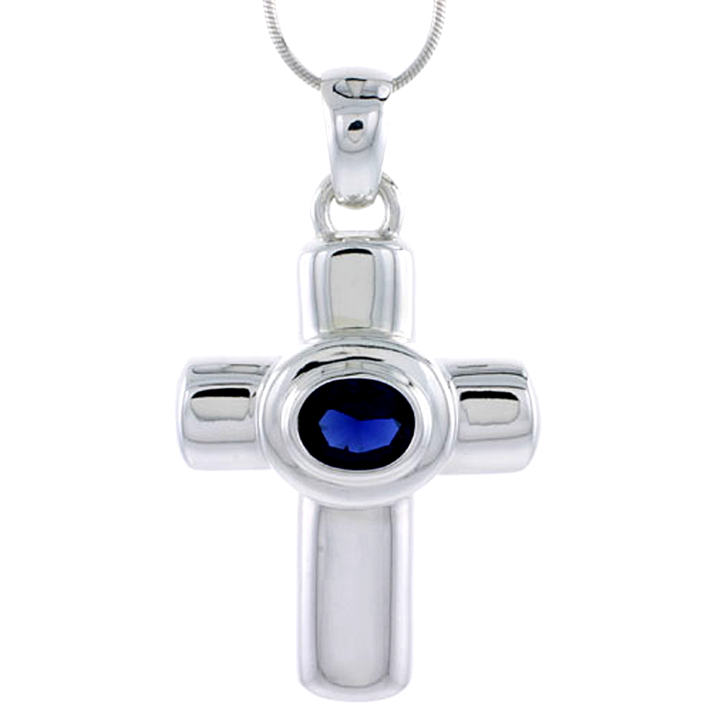 Sabrina Silver High Polished Sterling Silver 1 3/4" (45 mm) tall Latin Cross Pendant, w/ 10x8mm Oval Cut Blue Sapphire-colored CZ Stone, w/ 18" at Sears.com