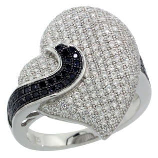 Sabrina Silver Sterling Silver Ladies Micro Pave Swirly Heart Ring w/ Black & White Stones, Sizes 6 to 9 Sabrina Silver Sterling Silver Ladies Micro Pave Swirly Heart Ring w/ Black & White Stones, Sizes 6 to 9