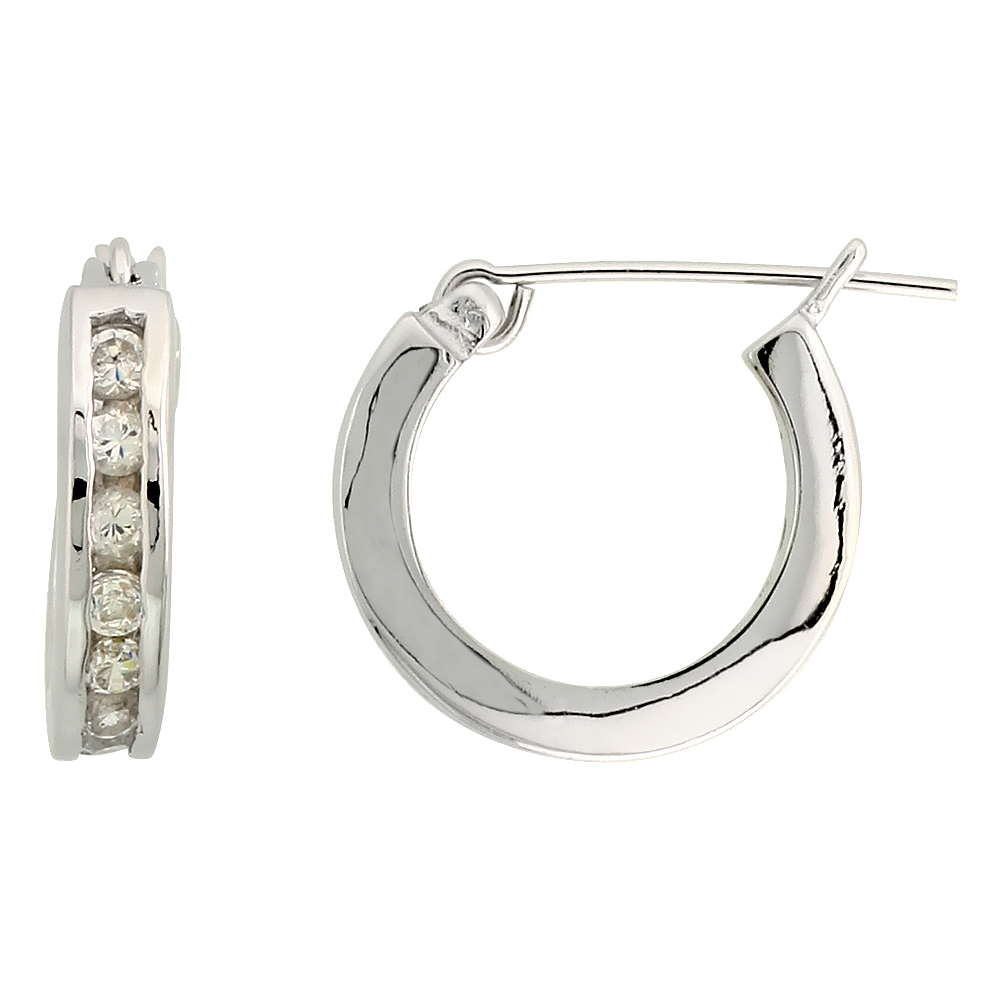 Sabrina Silver Sterling Silver Huggie Hoop Earrings w/ Brilliant Cut CZ Stones, 9/16 Sabrina Silver Sterling Silver Huggie Hoop Earrings w/ Brilliant Cut CZ Stones, 9/16