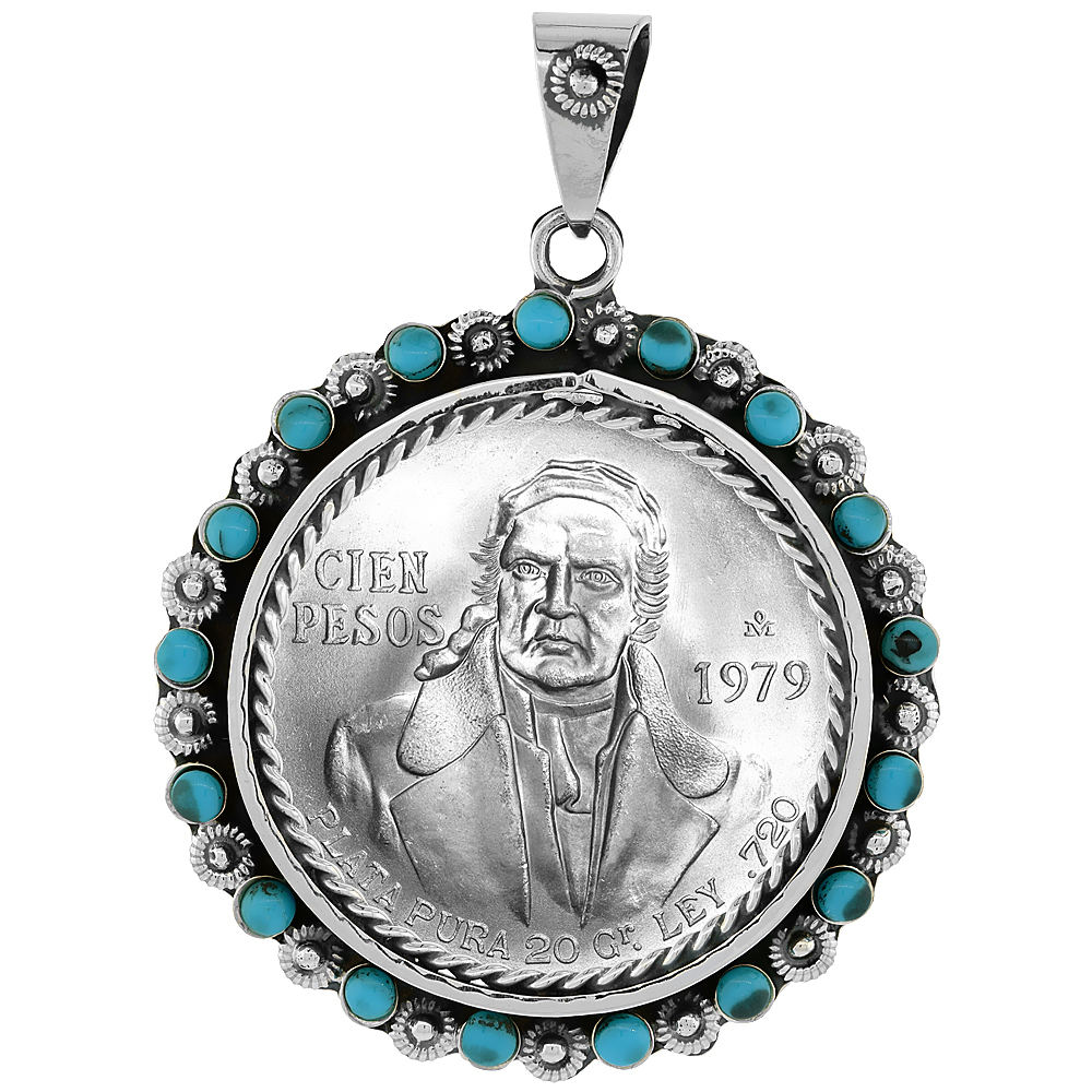 Sabrina Silver Sterling Silver 39 mm Cien Pesos Mexican & Most Silver Rounds Coin Frame Bezel Pendant w/ Turquoise Beads & Floral Edge Design at Sears.com