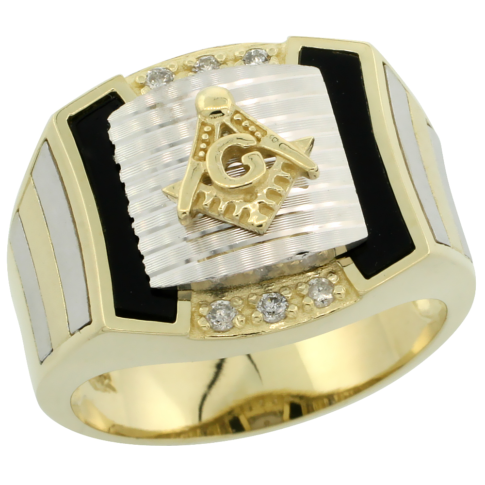Sabrina Silver 10k Gold Men"s Rhodium Accented Square Diamond Masonic Ring w/ Black Onyx Stone & 0.111 Carat Brilliant Cut Diamonds, 5/8 in. (1 at Sears.com