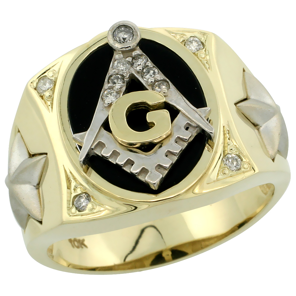 Sabrina Silver 10k Gold Men"s Rhodium Accented Masonic Oval Diamond Ring w/ Black Onyx Stone & 0.119 Carat Brilliant Cut Diamonds, 5/8 in. (16m at Sears.com