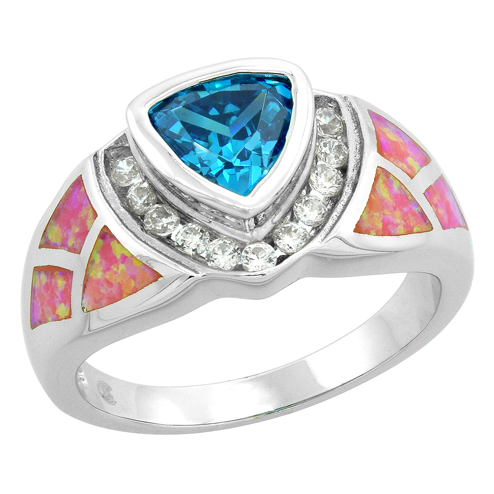 Sabrina Silver Sterling Silver Synthetic Pink Opal Ring Trillion Cut Blue Topaz CZ Center & White CZ Accent, 1/2 inch wide, size 9 at Sears.com