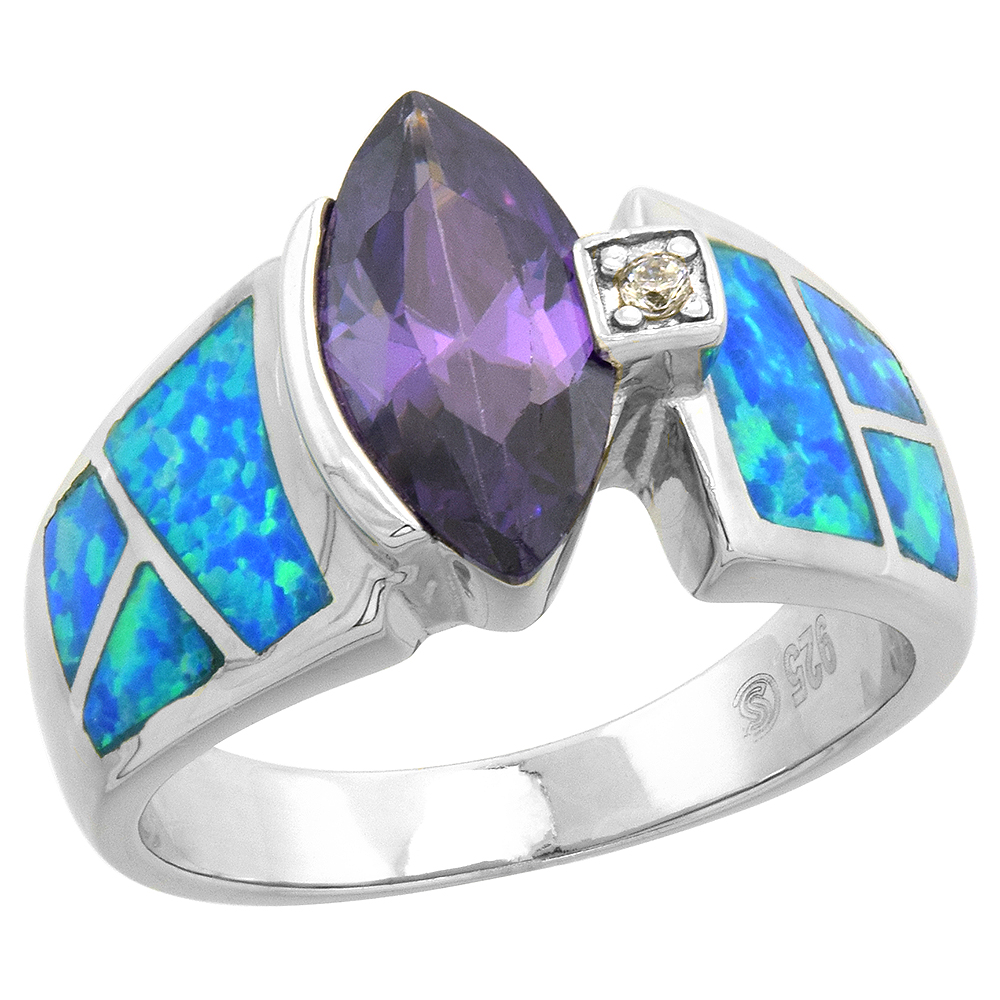 Sabrina Silver Sterling Silver Synthetic Opal Inlay Ring Marquise Shape Amethyst CZ Center 1/2 inch wide, size 9 at Sears.com