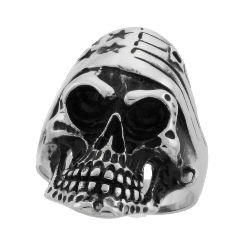 Sabrina Silver Surgical Steel Biker Ring Biker Skull with American Flag Bandana 1 5/16 inch wide, size 10 at Sears.com