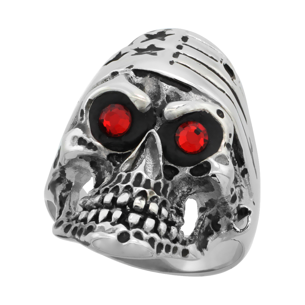 Sabrina Silver Surgical Steel Biker Ring Bike Skull American Flag Bandana Red CZ Eyes 1 5/16 inch long, size 10 at Sears.com