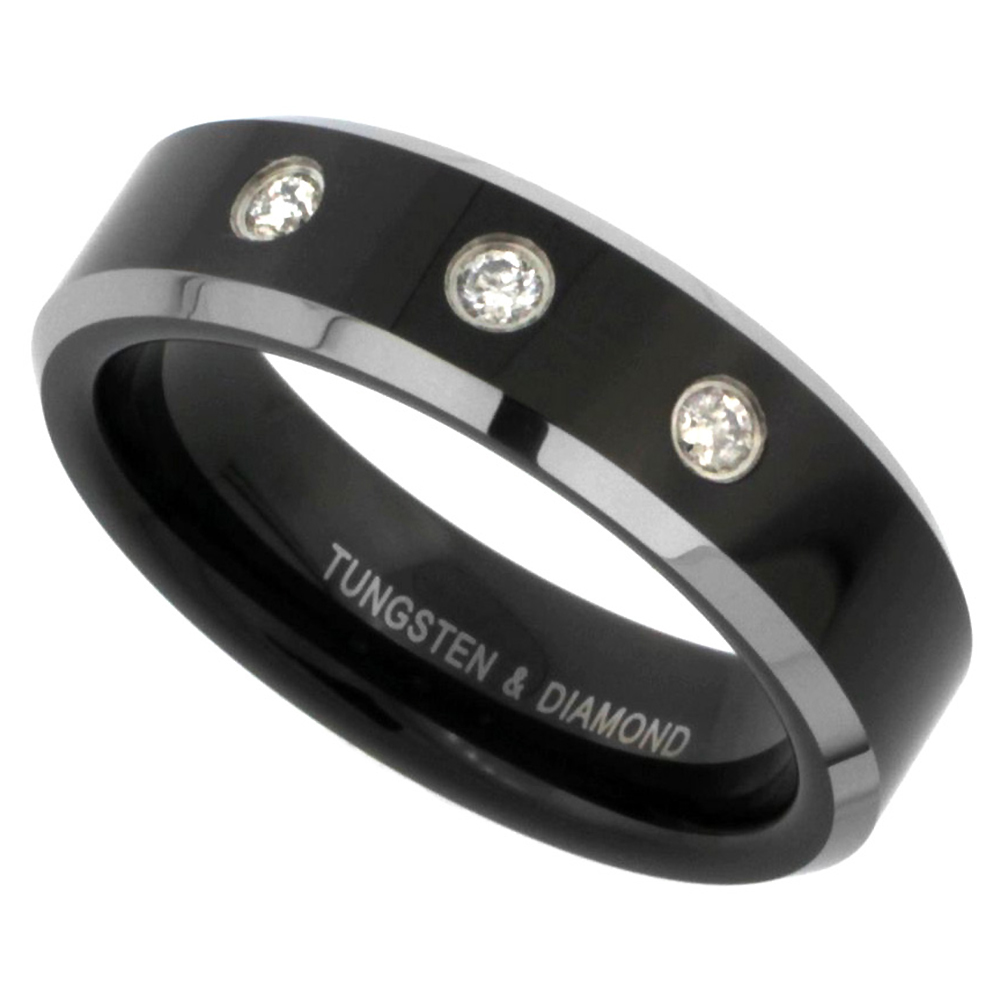 Sabrina Silver Tungsten Carbide Diamond 6 mm Wedding Band 3 stone Ring 0.11 cttw Two-tone Black Finish Beveled Edges, sizes 4 to 9 1/2 at Sears.com