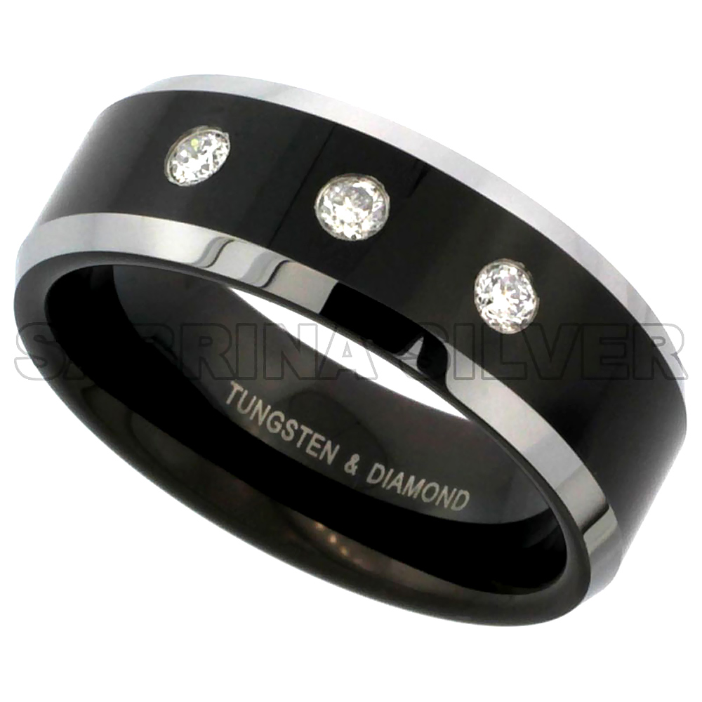 Sabrina Silver Tungsten Carbide Diamond 8 mm Wedding Band 3 stone Ring 0.17 cttw Two-tone Black Finish Beveled Edges, sizes 8 to 14 at Sears.com