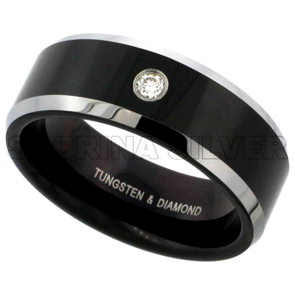 Sabrina Silver Tungsten Carbide Diamond 8 mm Wedding Band Ring 0.07 cttw Two-tone Black Finish Beveled Edges, sizes 8 to 13 at Sears.com