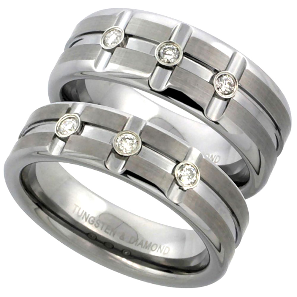 Sabrina Silver 2-Ring set Tungsten Carbide Diamond 6 & 8 mm Wedding Band 3 Stone Ring 0.22 cttw Satin Finish Horizontal and Vertical Grooves, s at Sears.com