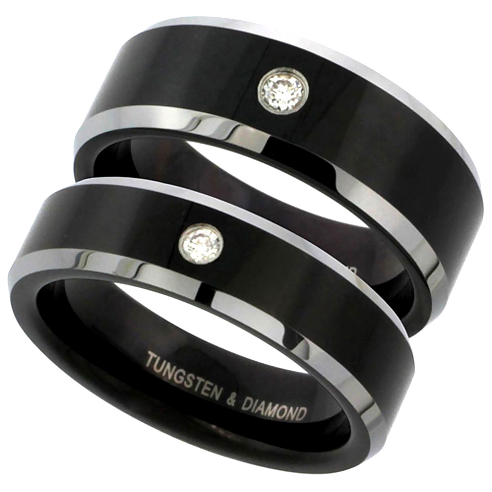 Sabrina Silver 2-Ring Set Tungsten Carbide Diamond 6 & 8 mm Him & Her Wedding Band Ring 0.11 cttw Two-tone Black Finish Beveled Edges, size 6.5 at Sears.com