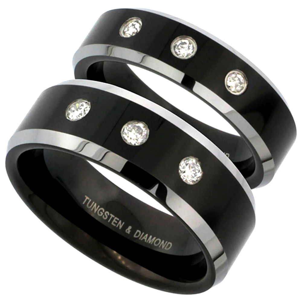 Sabrina Silver 2-Ring set Tungsten Carbide Diamond 6 & 8 mm Wedding Band 3 Stone Ring 0.28 cttw Two-tone Black Finish Beveled Edges, ladies siz at Sears.com