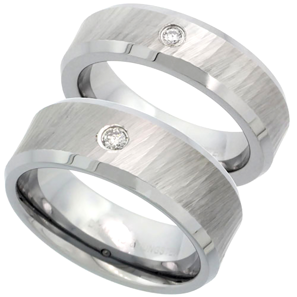 Sabrina Silver 2-Ring Set Tungsten Carbide Diamond 6 & 8 mm Him & Her Wedding Band Ring 0.10 cttw Dazzling Antiqued Diamond Cut Finish Beveled at Sears.com