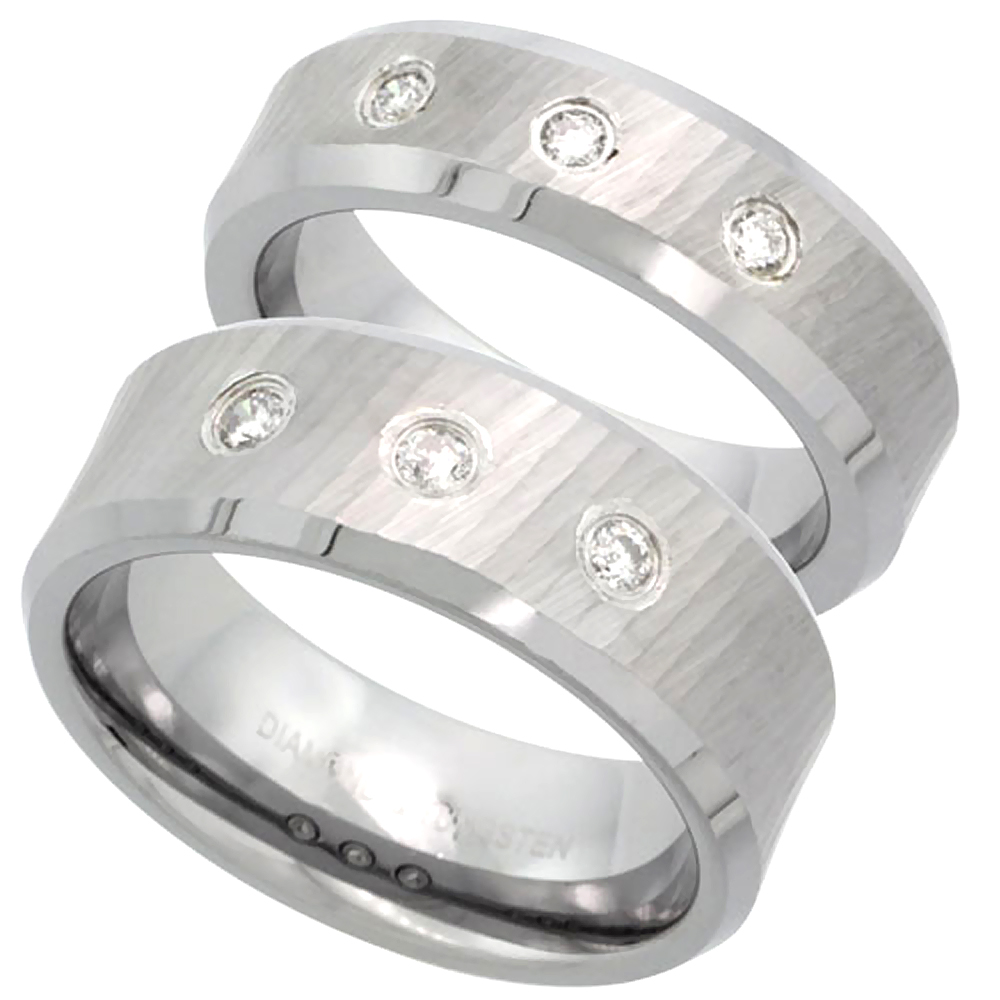 Sabrina Silver 2-Ring set Tungsten Carbide Diamond 6 & 8 mm Wedding Band 3 Stone Ring 0.21 cttw Dazzling Antiqued Diamond Cut Finish Beveled Ed at Sears.com