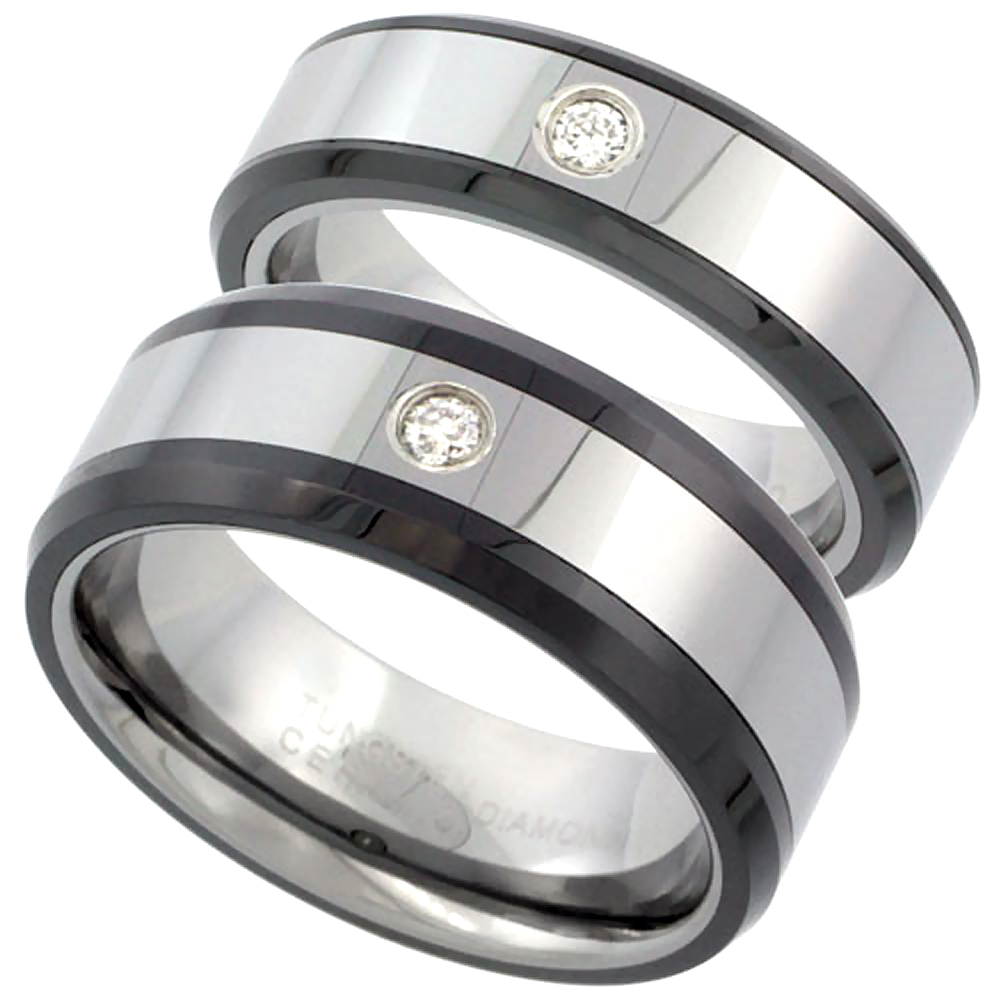 Sabrina Silver 2-Ring Set Tungsten Carbide Diamond 6 & 8 mm Him & Her Wedding Band Ring 0.12 cttw Beveled Black Ceramic Inlay Edges, ladies siz at Sears.com