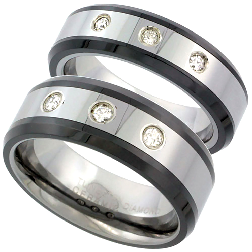 Sabrina Silver 2-Ring set Tungsten Carbide Diamond 6 & 8 mm Wedding Band 3 Stone Ring 0.25 cttw Beveled Black Ceramic Inlay Edges, ladies sizes at Sears.com