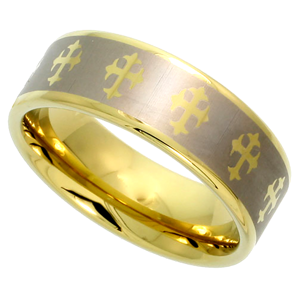Sabrina Silver Tungsten Carbide 8 mm Flat Wedding Band Ring Gold Tone Etched Fleur-de-lis Crosses, size 9 at Sears.com