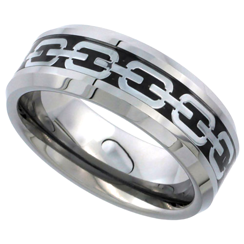 Sabrina Silver Tungsten Carbide 8 mm Flat Wedding Band Ring Silver Chain Link Inlay Beveled Edges, size 9.5 at Sears.com