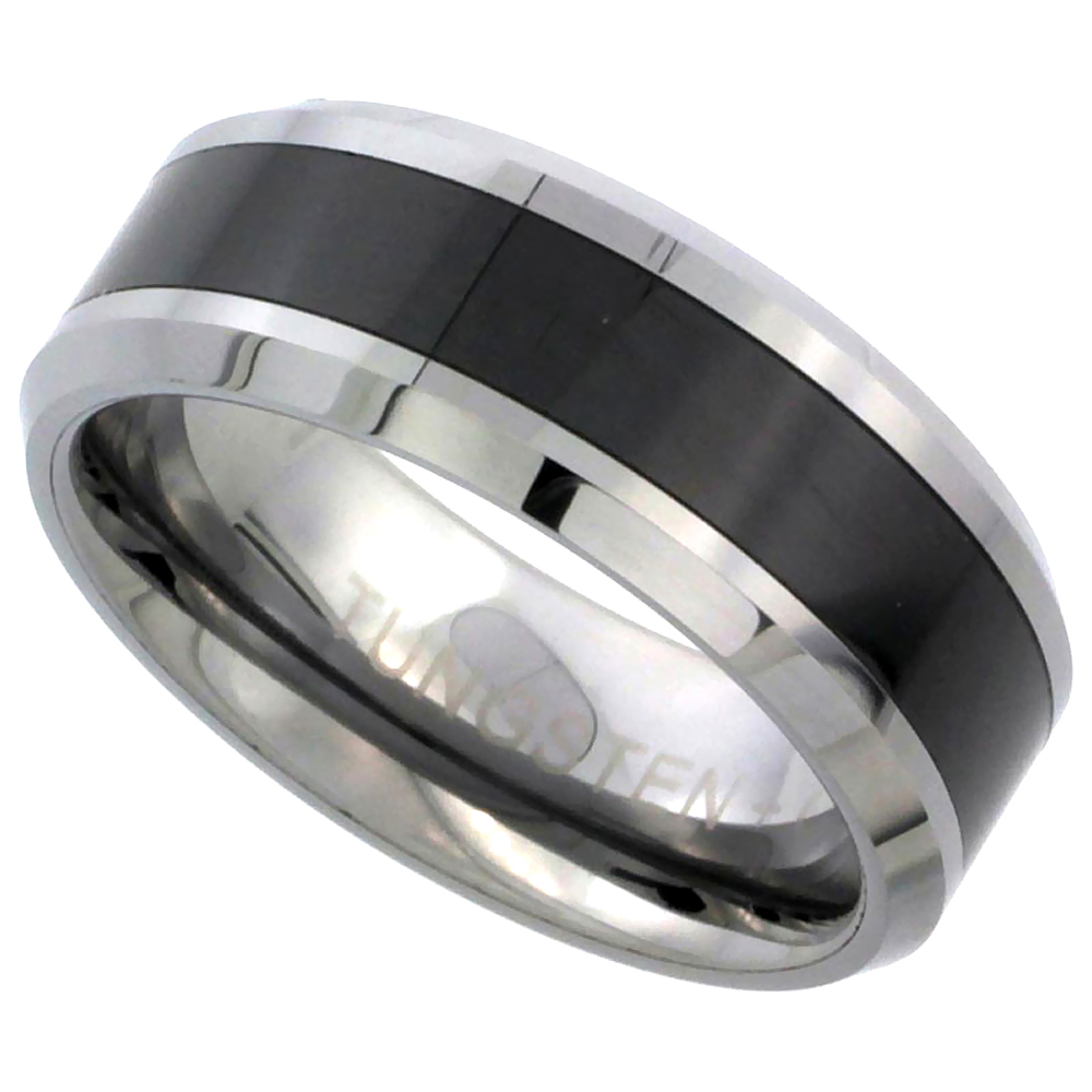 Sabrina Silver Tungsten Carbide 8 mm Flat Wedding Band Ring Black Ceramic Center Stripe Inlay Beveled Edges, size 9 at Sears.com