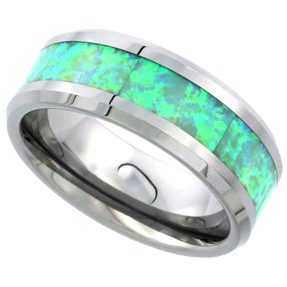 Sabrina Silver Tungsten Carbide 8 mm Flat Wedding Band Ring Green Lab Opal Inlay Beveled Edges, size 12.5 at Sears.com
