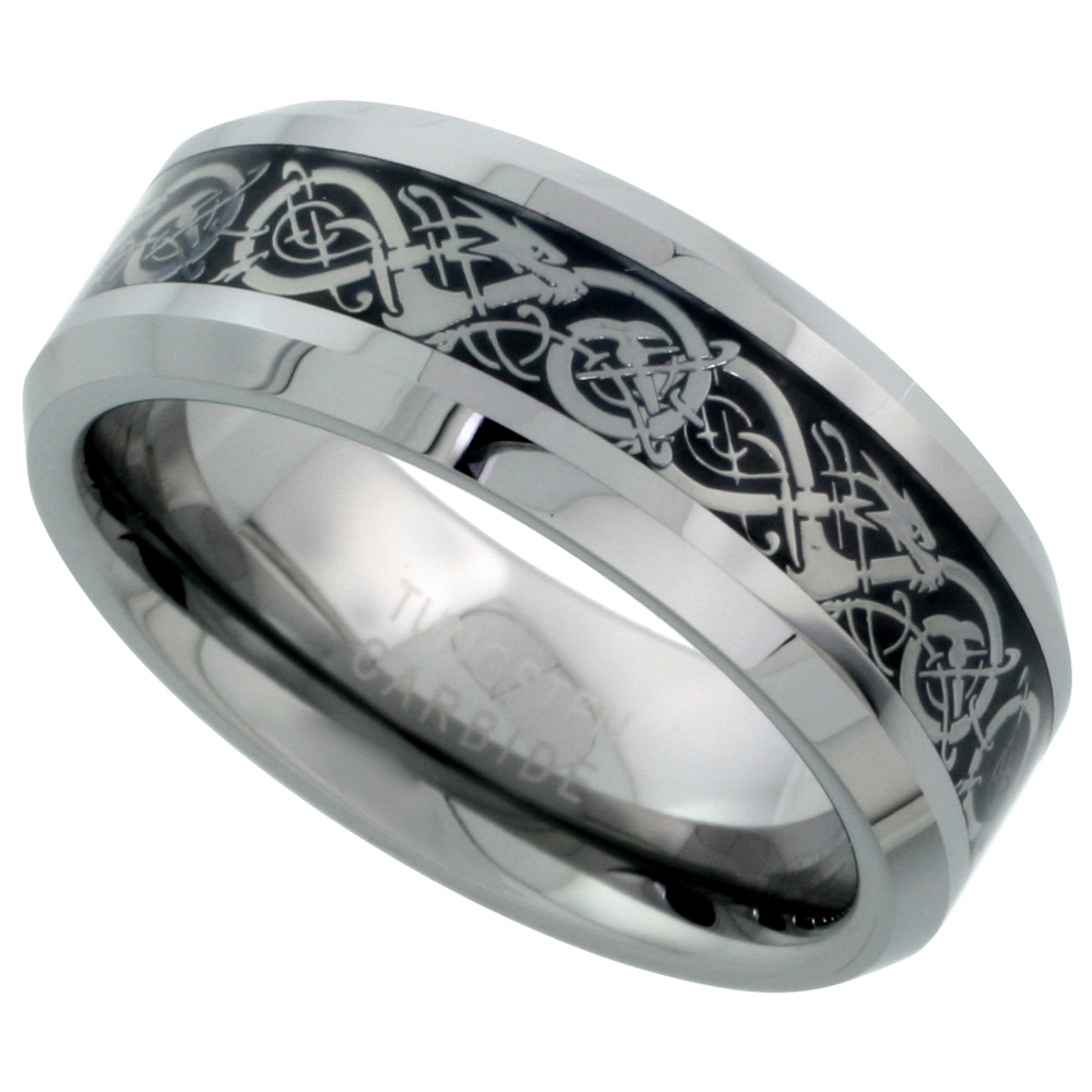 Sabrina Silver Tungsten Carbide 8 mm Flat Wedding Band Ring Inlaid Celtic Dragon Pattern Beveled Edges, size 11.5 at Sears.com