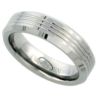 Sabrina Silver Tungsten Ring 6 mm Flat Wedding Band 3 Grooves Beveled Edges, sizes 6 to 9 Sabrina Silver Tungsten Ring 6 mm Flat Wedding Band 3 Grooves Beveled Edges, sizes 6 to 9