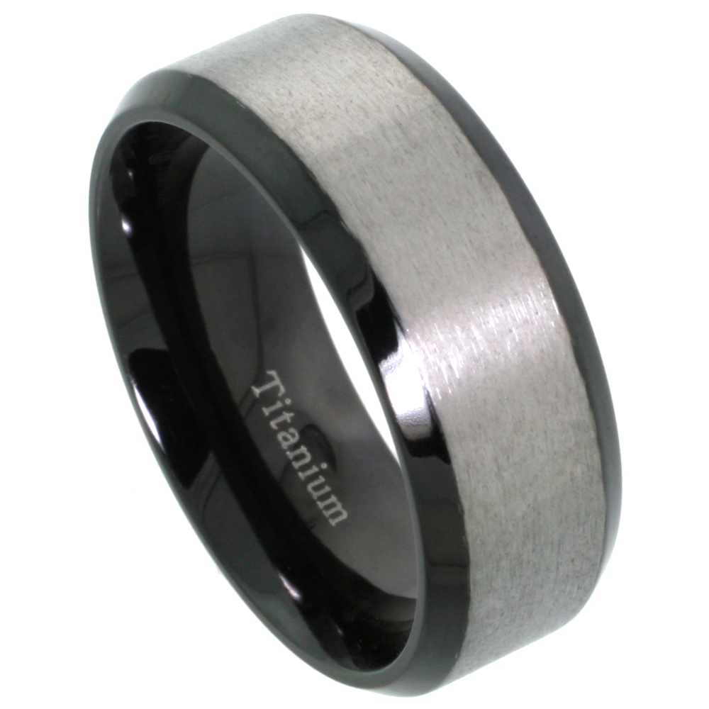 Sabrina Silver Titanium 8mm Flat Wedding Band Ring 2-tone Black finish Matte Surface Beveled Edges Comfort-fit, size 10 at Sears.com