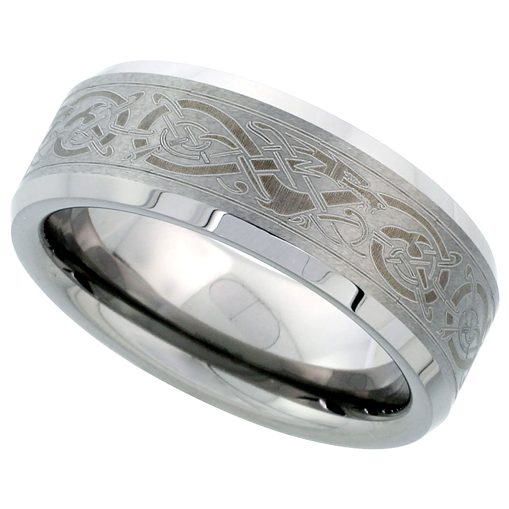 Sabrina Silver Tungsten Carbide 8 mm Flat Wedding Band Ring Etched Celtic Dragon Pattern Beveled Edges, size 11.5 at Sears.com