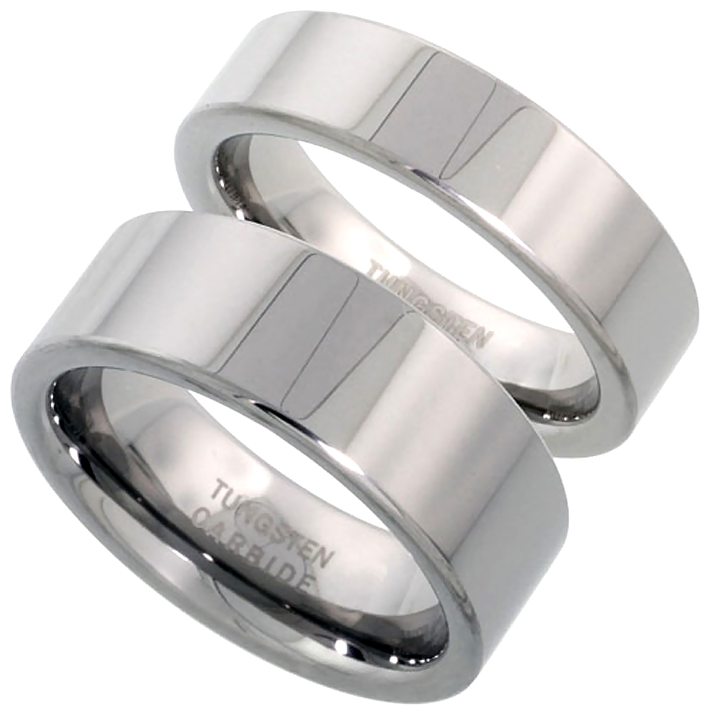 Sabrina Silver 2-Ring Set Tungsten Carbide 6 & 8 mm His & Hers Flat Wedding Band Ring Polished Mirror Finish Comfort Fit, size 10 at Sears.com