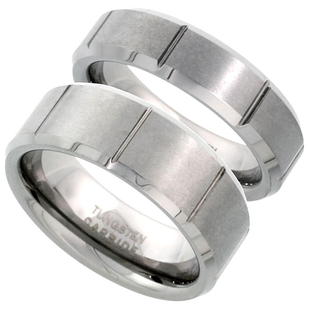 Sabrina Silver 2-Ring Set Tungsten Carbide 6 & 8 mm His & Hers Flat Wedding Band Ring Satin Finished Vertical Grooves Beveled Edges, size 5.5 at Sears.com