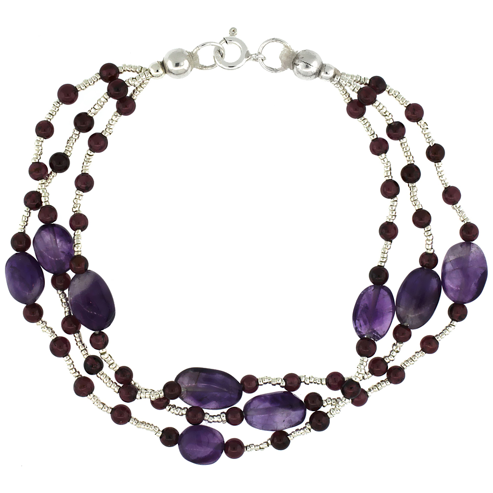 Sabrina Silver 7 1/2 in. Sterling Silver 3-Strand Bead Bracelet w/ Garnet Beads & Amethyst Stones at Sears.com