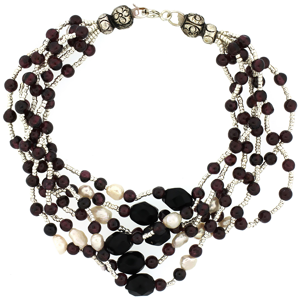 Sabrina Silver 8 1/2 in. Sterling Silver 6-Strand Bead Bracelet w/ Freshwater Pearls, Black Onyx Stones & Garnet Beads at Sears.com
