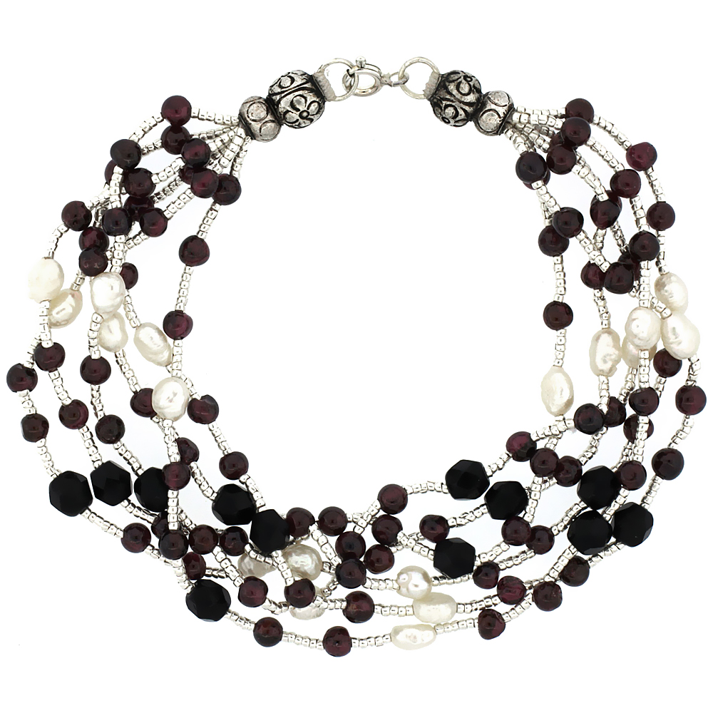 Sabrina Silver 7 1/2 in. Sterling Silver 6-Strand Bead Bracelet w/ Freshwater Pearls, Black Onyx Stones & Garnet Beads at Sears.com